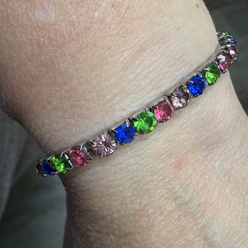 Vtg Multicolor Rhinestone‎ Stretch Bracelet Rainbow Crystal Silver Tone Prong